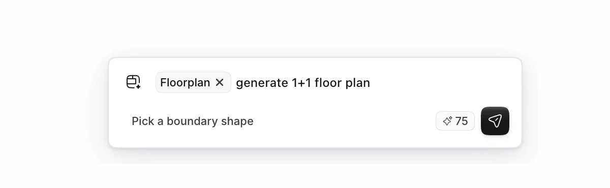 Synaps floor plan prompt bar with a Floorplan chip, the text generate 1+1 floor plan and a Pick a boundary shape option.