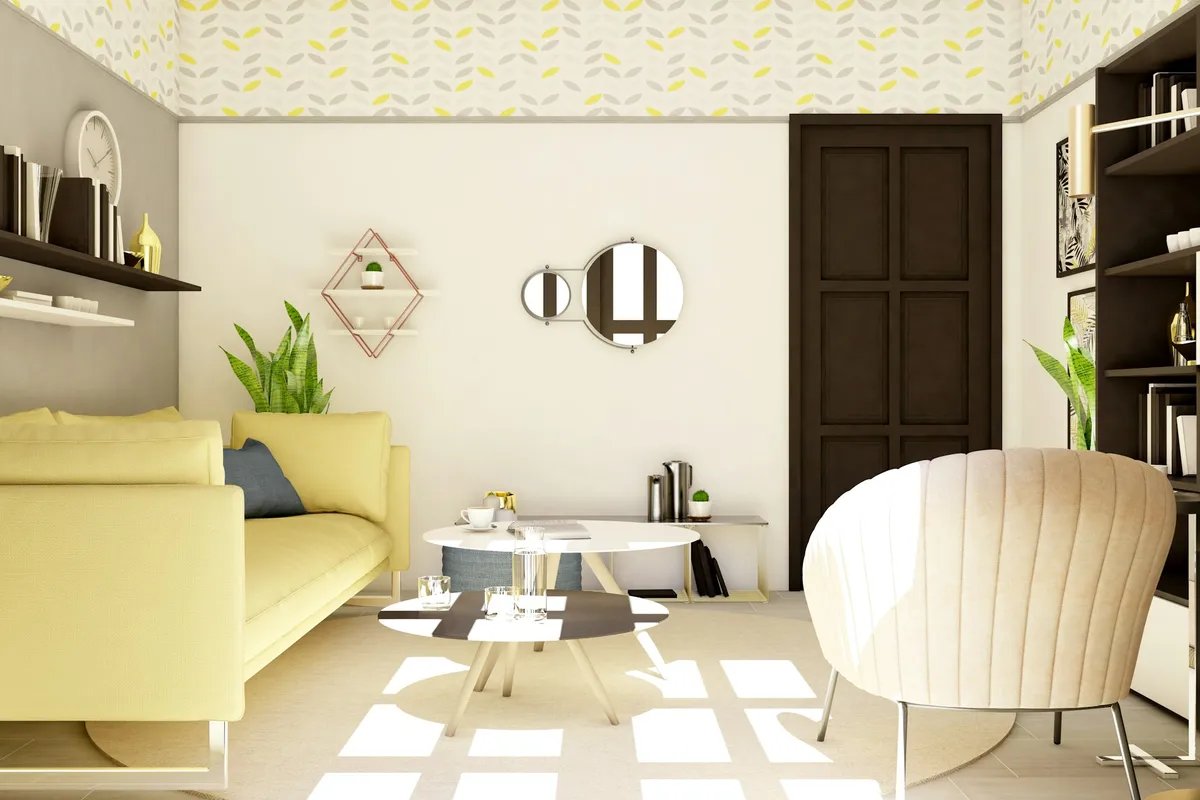 A living room with a white sofa beside a wooden door, and an armchair with a lamp forming a reading corner.
