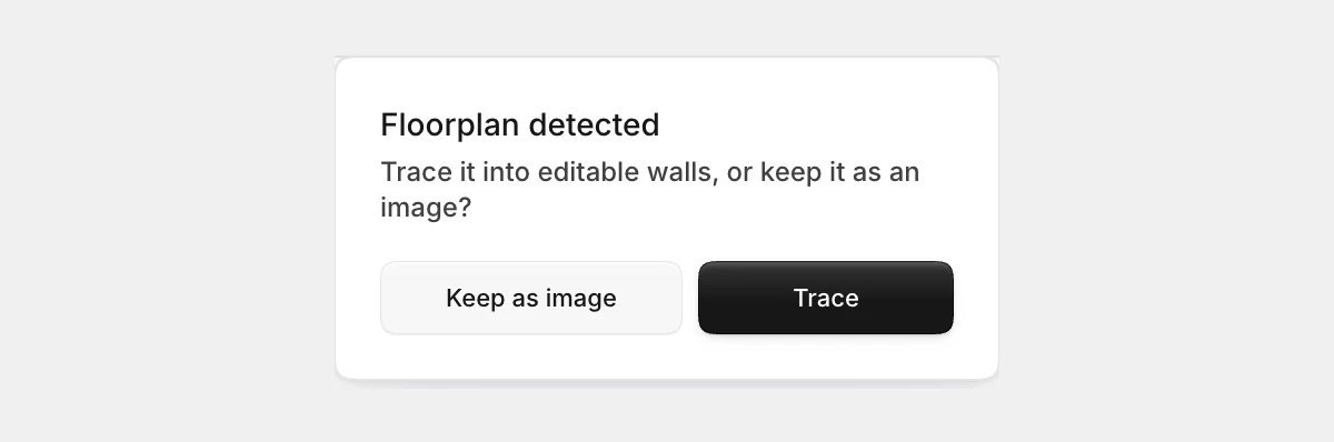 Synaps popup reading Floorplan detected, with a Keep as image button and a Trace button.