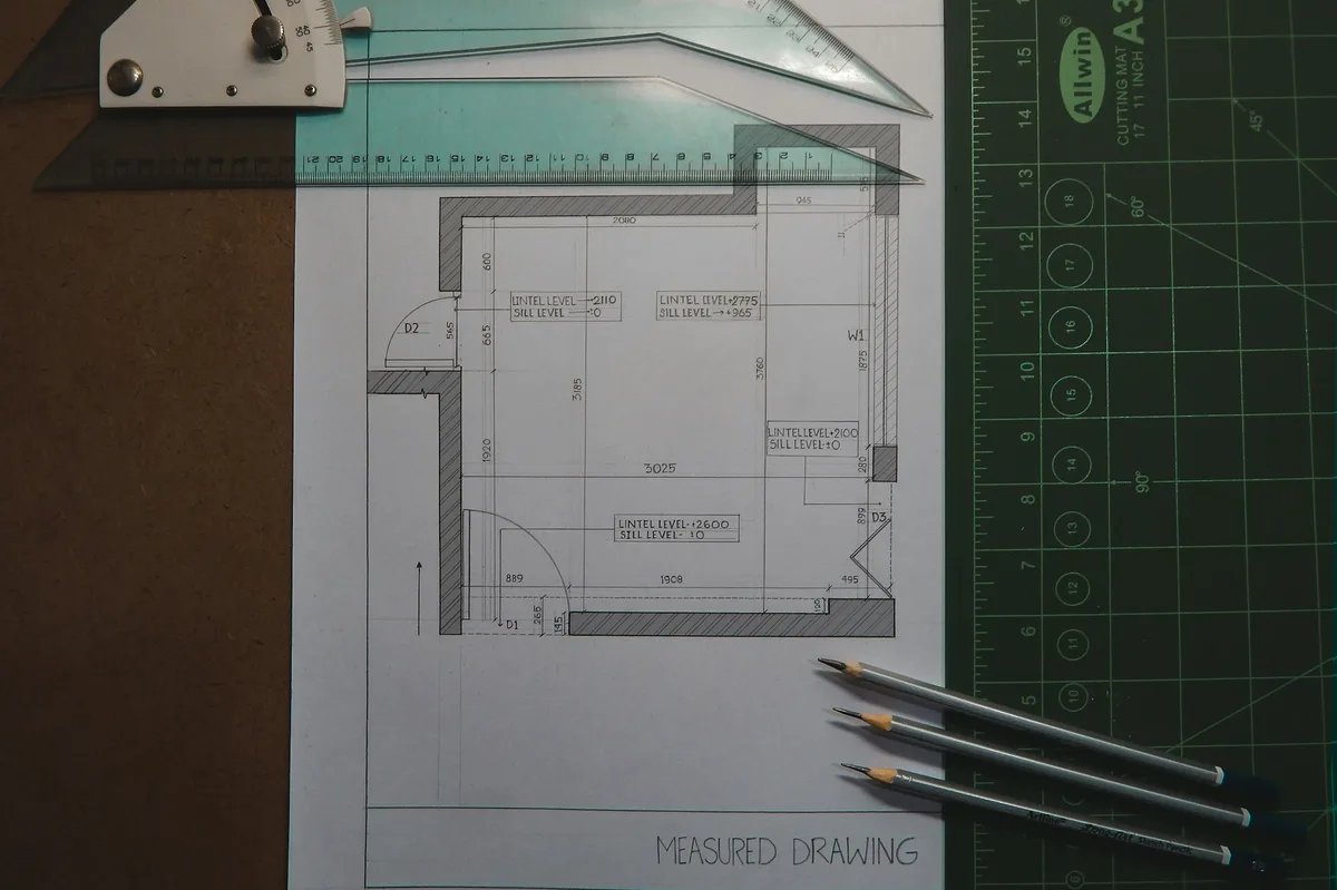 Hand-drawn measured floor plan with dimensions on paper, next to set squares, a ruler and three pencils.