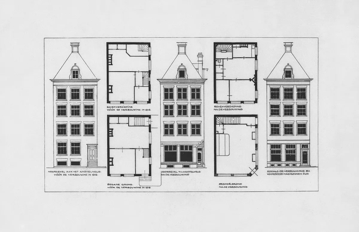 An archival sheet with three street elevations of a townhouse and its floor plans drawn between them.