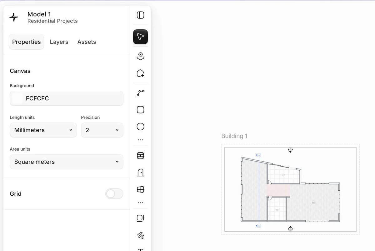 Synaps canvas properties panel with length units in millimetres, precision 2 and area in square metres, next to a floor plan.
