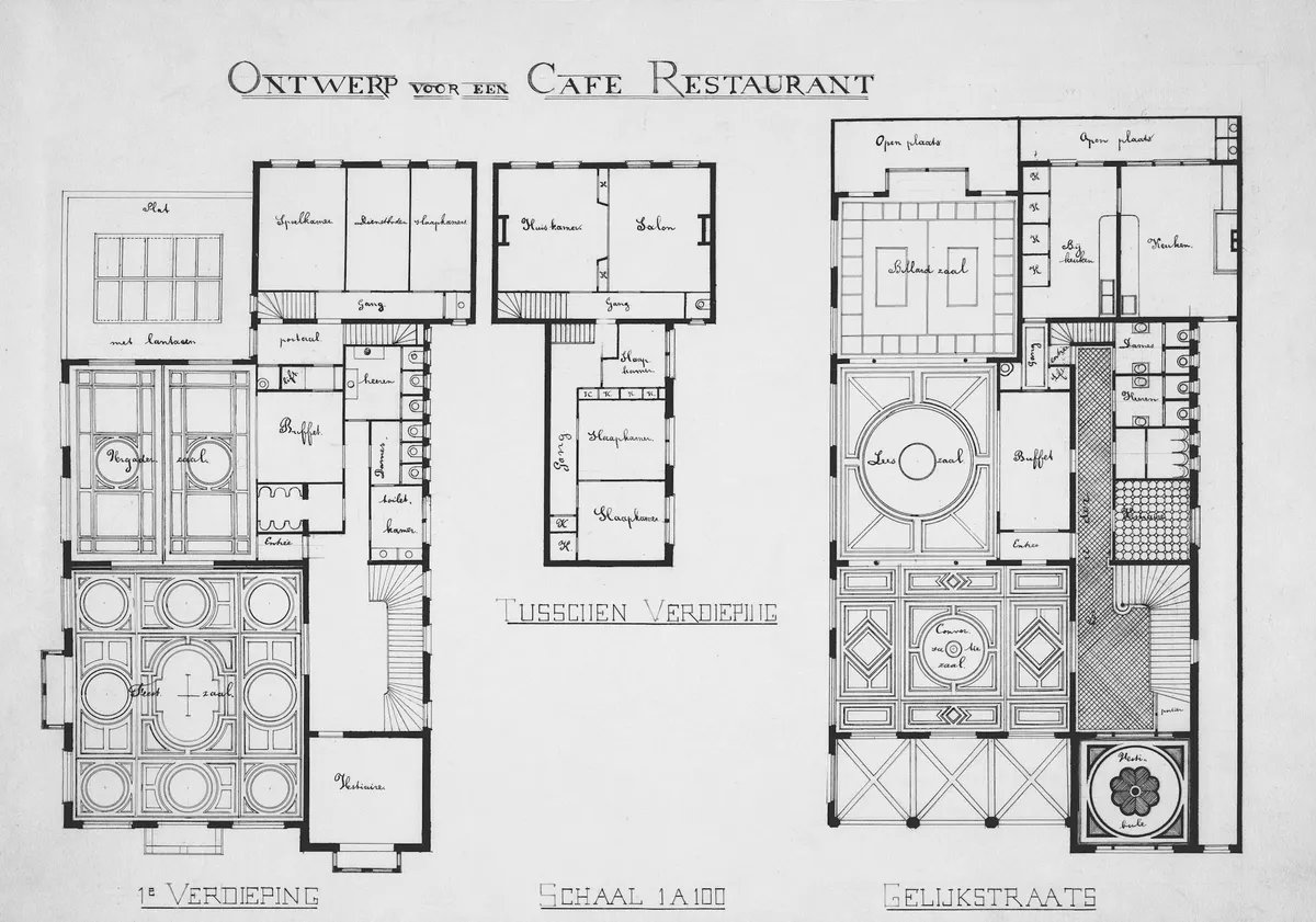 An archival cafe restaurant design with three floor plans and the scale written as 1 a 100 below them.
