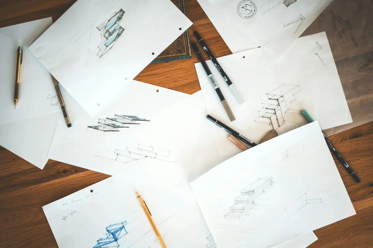 Architectural sketches and drawing pens spread across a wooden table.