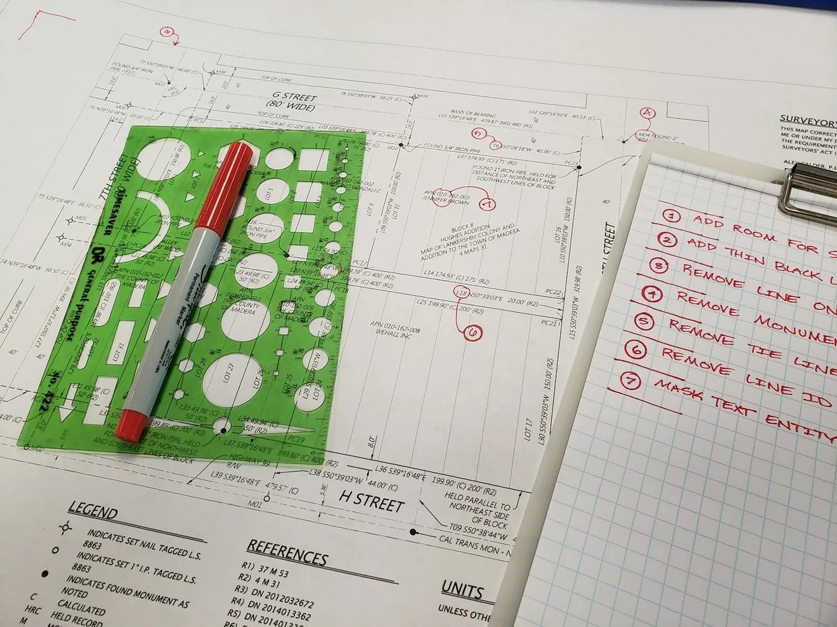 A printed plan with red circled revision marks, a green template and a clipboard listing numbered changes.