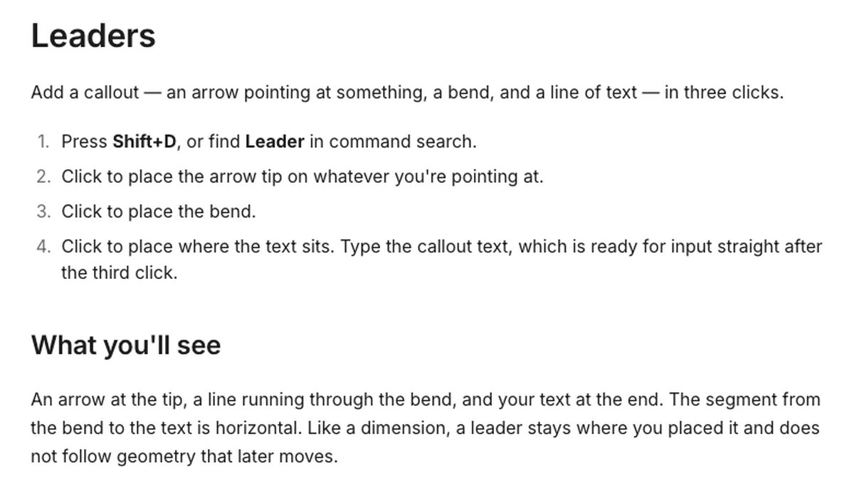 A documentation page listing four numbered steps to place a leader callout with an arrow tip, a bend and a line of text.