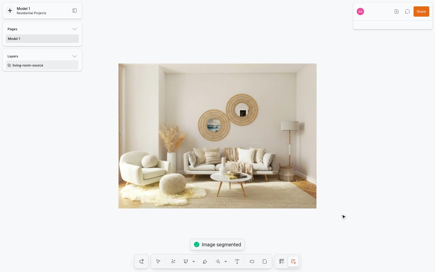 Living-room image with a seascape applied within the left circular wall decoration.