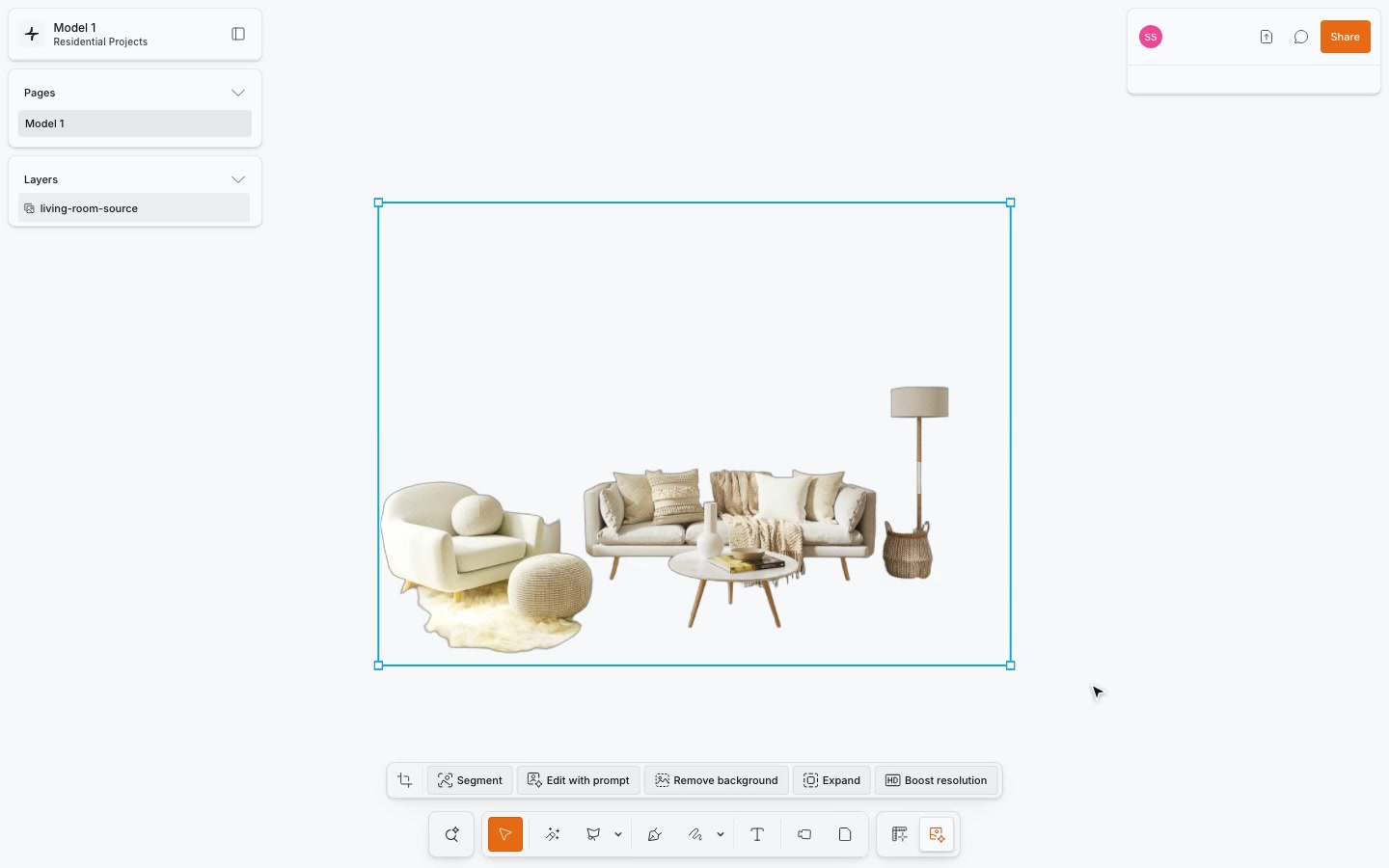 Furniture cutouts on the Synaps canvas after removing the room background.