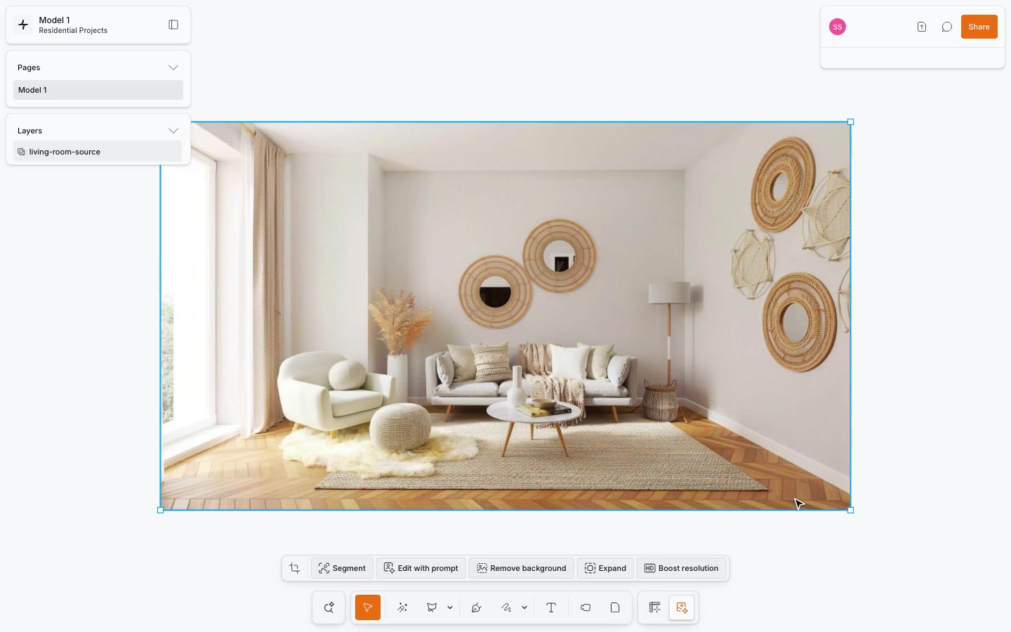 An expanded living-room image showing generated space beyond the original composition.