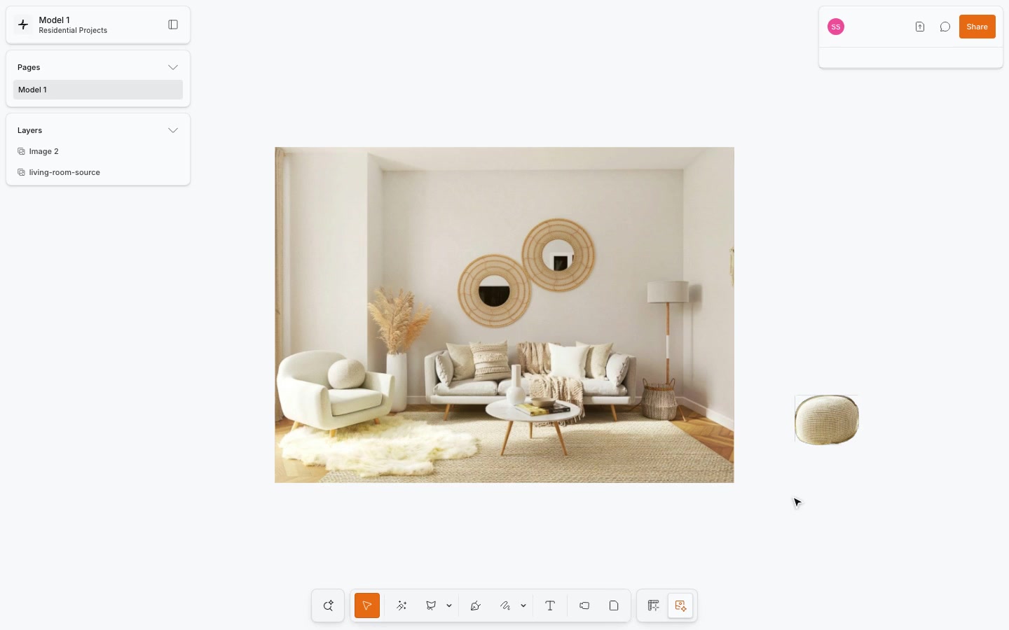 An ottoman cutout placed to the right of the living-room image after isolation.