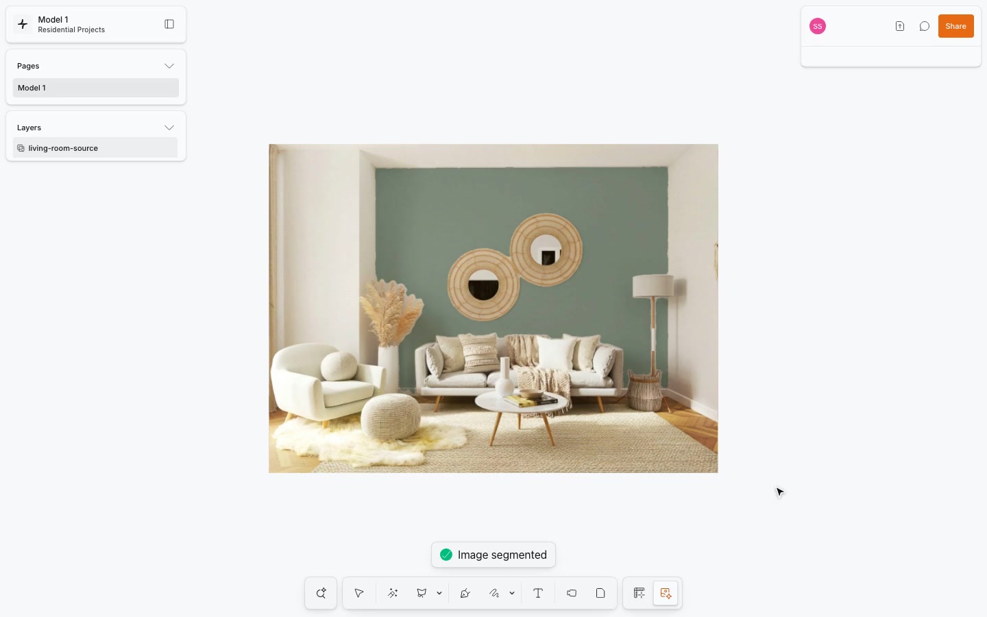 Living-room image with the rear wall changed from a neutral colour to sage green.