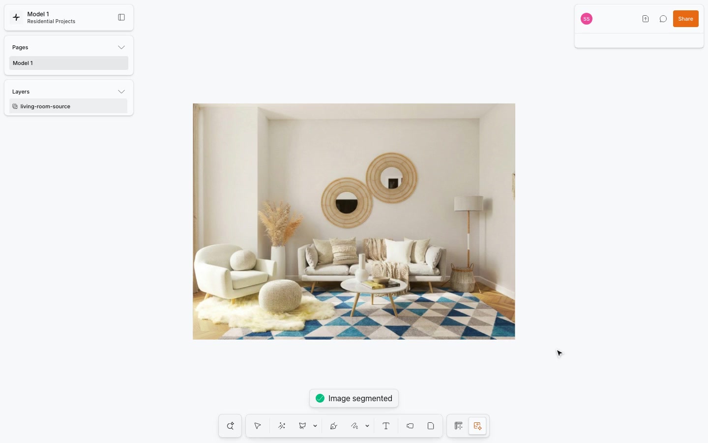 Living-room image with a geometric blue and cream pattern applied to the carpet.