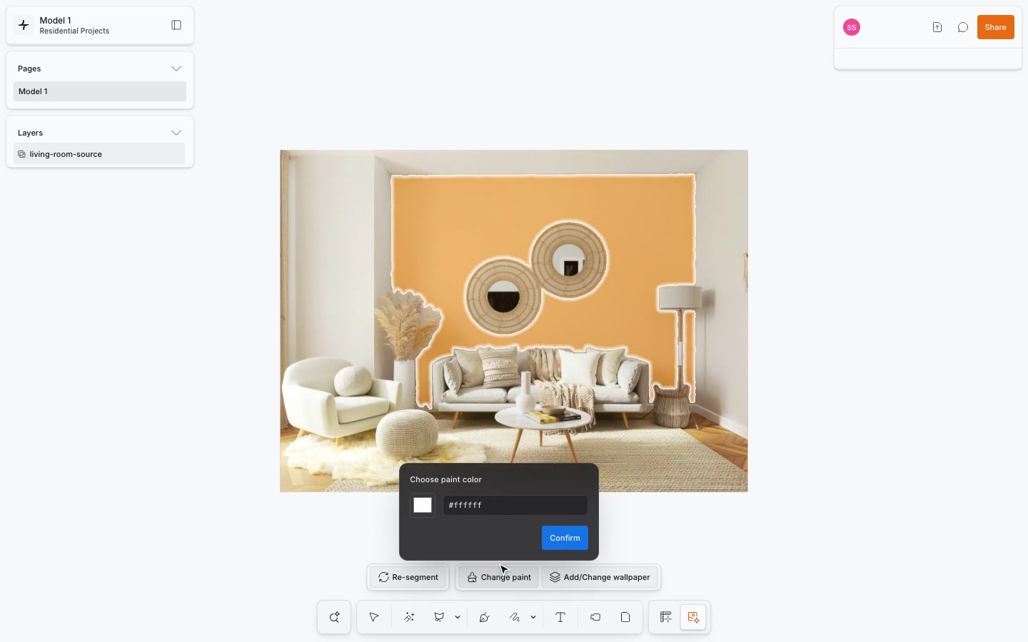 A living-room wall highlighted in orange with the Change paint controls open.