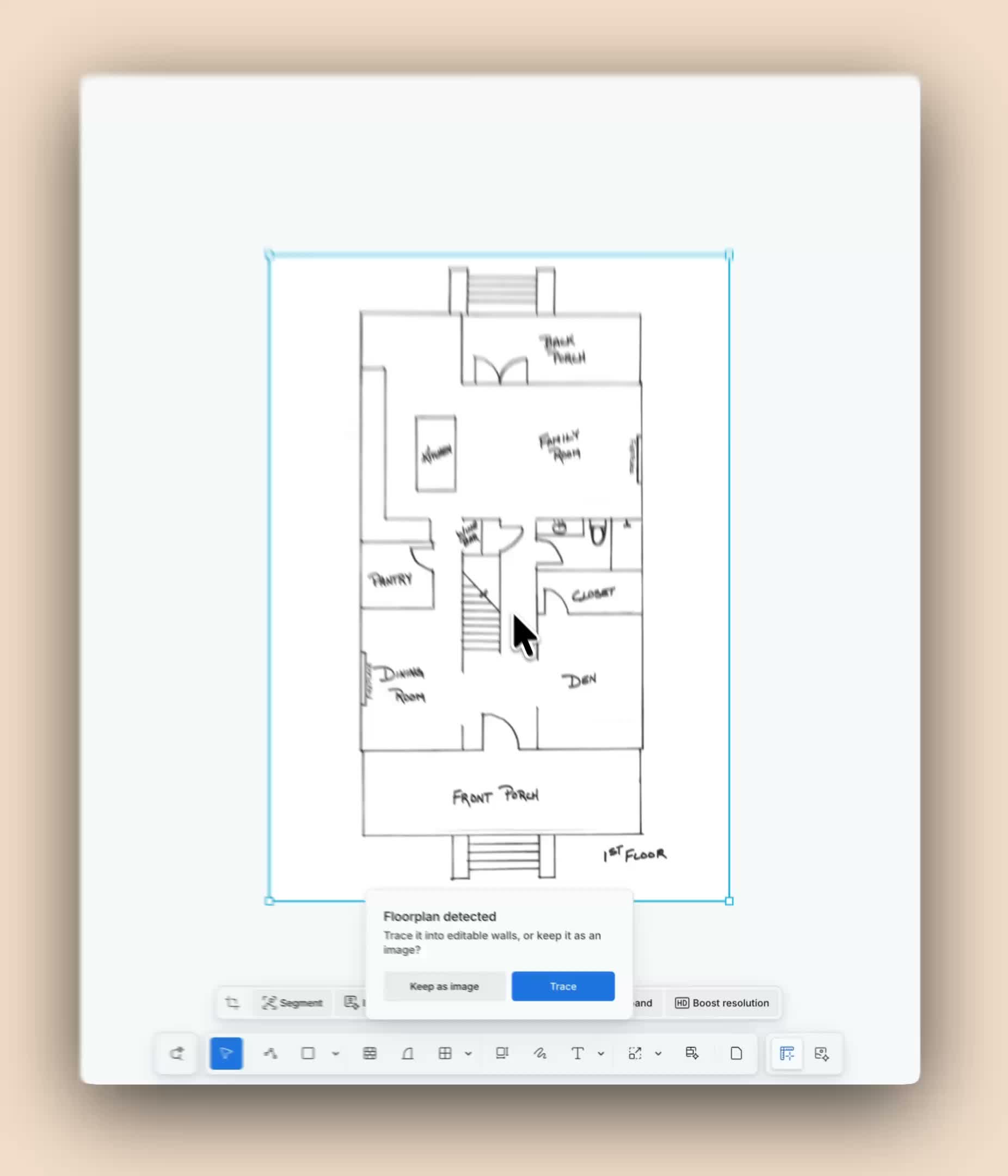 Hand-drawn house plan in Synaps with a detected-floor-plan dialog offering image or tracing choices.