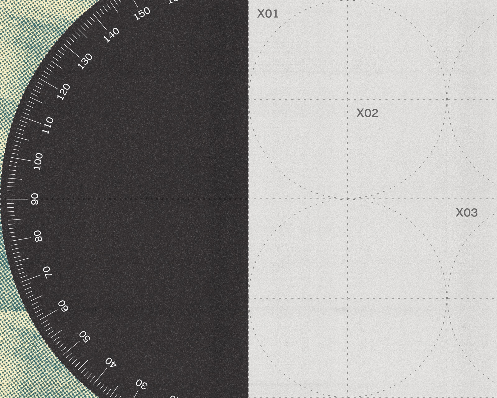 Protractor markings beside an architectural grid on textured paper.